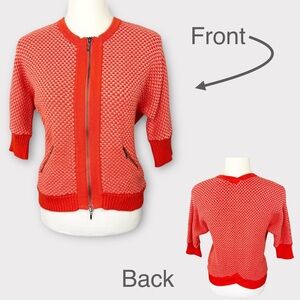 CAbi Cocoon Knit Zip-Front Cardigan XS Vibrant Orange & Peach Cotton 3/4 Sleeve